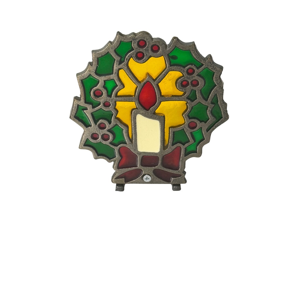 Vintage Candle Holder Multi Color Stained Glass Holly Wreath Cast Iron